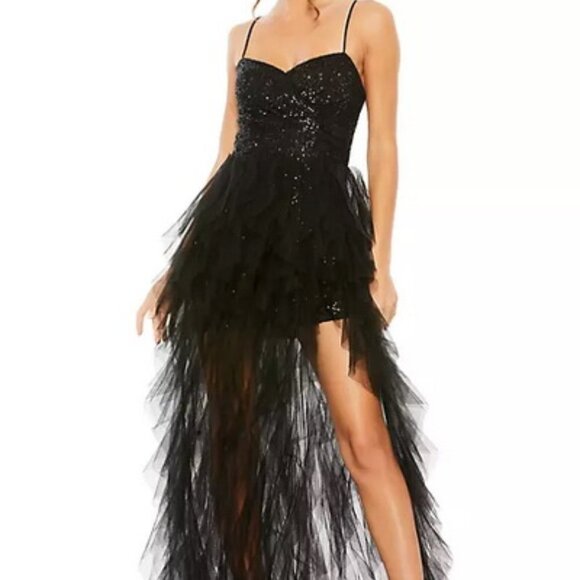 Ieena Mac Duggal Black Sequin Ruffle Tulle Gown - Picture 1 of 4